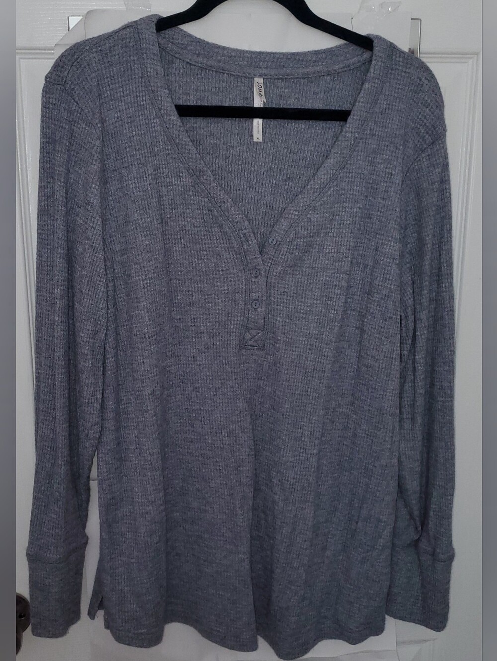 Soma Gray V-Neck Waffle-Knit Henley Sweater